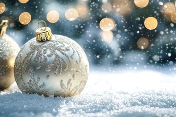 Poster - A gold Christmas ornament with a patterned design sits in the snow with a blurred background of Christmas lights.