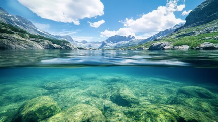 Poster - A serene diving spot in a crystal-clear mountain lake, Diving equipment set for underwater exploration, Mountain lake tranquility style