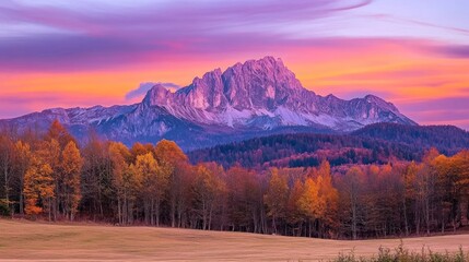 Poster - A majestic mountain peak stands tall against a vibrant sunrise, with a forest of golden trees in the foreground.