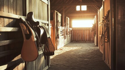 Aufkleber - A serene equestrian setup with saddles and bridles neatly arranged in a stable, A spacious, sunlit barn with wooden textures