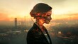 © Mr image - 1. A double exposure of a businesswoman in a suit overlaid with a bustling city skyline at sunset