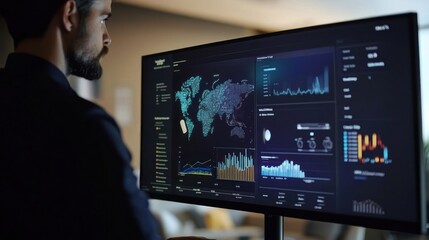 Leinwandbilder - A businessman analyzes global data on a large monitor.