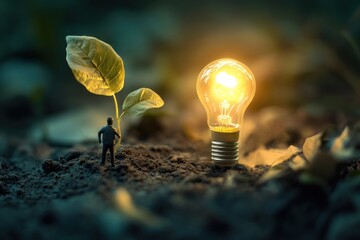 Poster - A miniature man stands next to a glowing lightbulb and a seedling growing in the dirt.