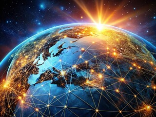 Poster - A Stunning Digital Planet Illuminated by Networks of Information, Captured from Space with Radiant Lines of Light Crisscrossing its Surface in a Futuristic Scene