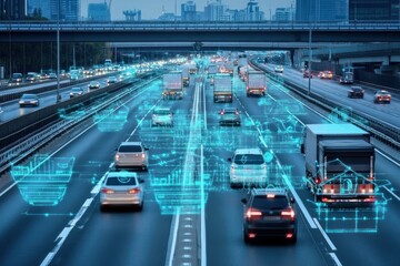 Poster - A busy highway with cars and trucks at dusk, with a futuristic overlay of connected data and icons representing global logistics and transportation.