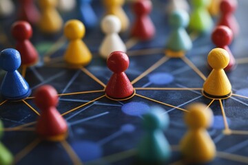 Poster - Colorful wooden game pieces connected by a network of lines on a blue background.