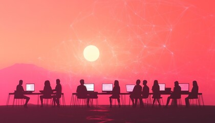 Poster - Silhouettes of people working on computers with a bright sun behind them.
