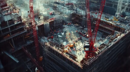 Poster - Aerial View of Construction Site with Cranes and Workers