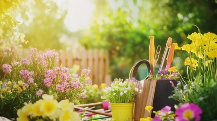Poster - A serene gardening session in a blooming backyard, Gardening tools and plants arranged for planting, Botanical leisure style