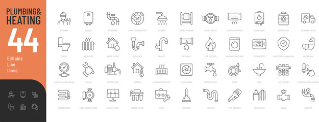 Plumbing and Heating Line Editable Icons set. Vector illustration in modern thin line style of house engineering related icons: pipes, boilers, tools, and more. Pictograms and infographics for mobile 