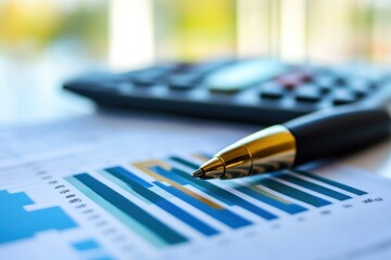 Leinwandbilder - A close-up of a pen resting on a financial report, with a calculator blurred in the background.
