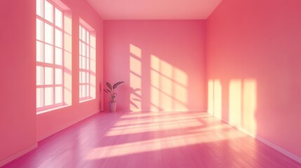 Poster - Empty pink room with sunlight streaming through the windows and a single plant in the corner.
