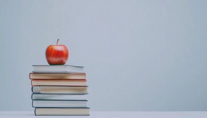 Aufkleber - A red apple on a stack of books against a light blue background.