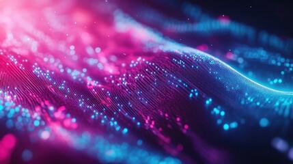 Poster - 3d rendering of abstract particles in empty space with depth of field and bokeh. Particles form line and surface grid. Futuristic background with depth of field and bokeh. - Generated AI