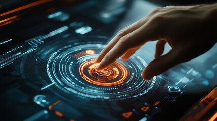 Poster - Close up of human hand touching button on virtual screen. Technology concept - Generated AI
