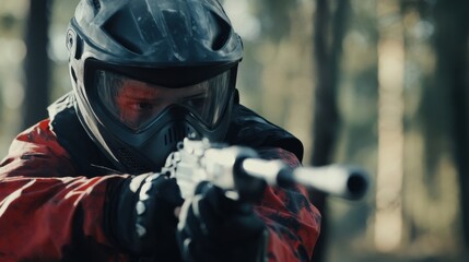 A paintball player in full gear aims while ducking in a forest arena capturing a moment of intense action