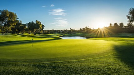 Aufkleber - A serene golfing session on a sunlit fairway, Golf clubs and tees set up for tee-off, Classic sports style