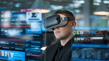 Poster - A man wearing a VR headset, engaged with digital data displays in a modern workspace.