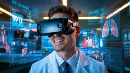 Poster - A man in a lab coat using virtual reality to explore human anatomy and medical data.