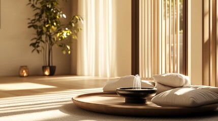 Poster - A serene meditation corner with cushions and a small fountain neatly set up, A peaceful room with soft natural light and calming colors, Minimalist wellness style