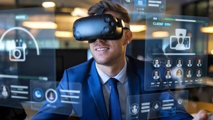 Poster - A man in a suit using a virtual reality headset, engaged with digital interfaces.
