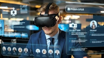 Poster - A man in a suit uses a VR headset, interacting with digital data displays.