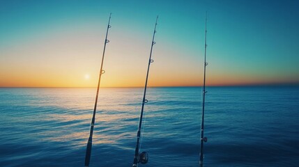 Poster - A serene sea fishing setup with rods against a calm ocean backdrop, Coastal leisure style, photo of