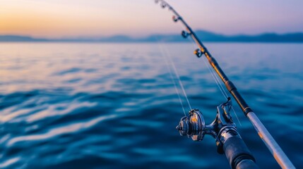 Poster - A serene sea fishing setup with rods against a calm ocean backdrop, Coastal leisure style, photo of