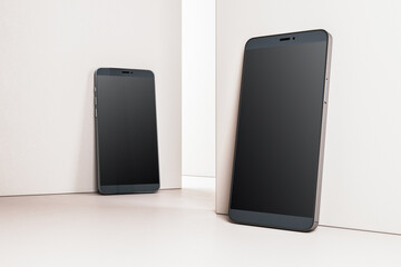 Poster - Two modern smartphones with blank screens, leaning against walls on a neutral background. 3D Rendering