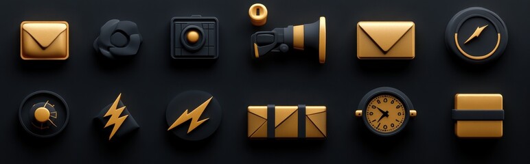 set of sleek black and gold icons for web and app design