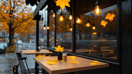 A restaurant with a view of the street and a table with leaves on it