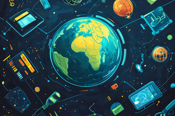 Poster - A vibrant depiction of Earth surrounded by technological elements and celestial motifs.