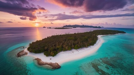 Aerial top view of amazing tropical island with turquoise water and white beach with cloudy sky