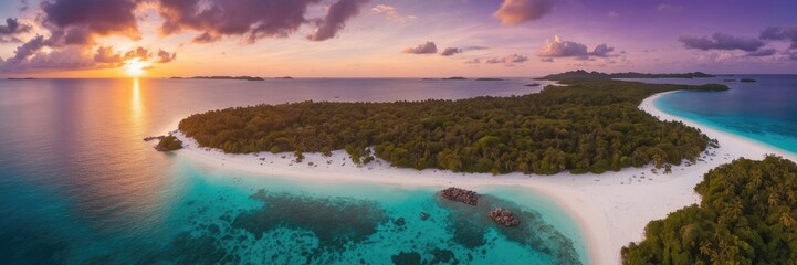 Aerial top view of amazing tropical island with turquoise water and white beach with cloudy sky