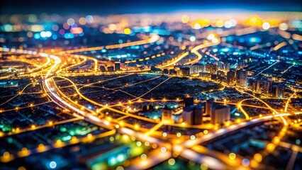 Poster - Expanding City Network Map at Night with Tilt-Shift Effect Showcasing Vibrant Urban Life and Illuminated Streets in a Captivating Aerial Perspective