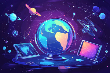 Poster - A vibrant illustration of Earth with technology and space elements, symbolizing exploration.