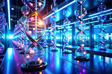 Poster - Futuristic Biotechnology Lab with Floating DNA Strands and Neon Lights, Showcasing Innovation in Bioengineering and Advanced Research Concepts