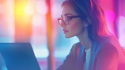 Poster - Focused Woman in Glasses Working on Laptop with Colorful Background Illuminating Her Determined Expression in a Modern Workspace