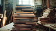 © Anoo - Stack of assorted wooden planks ready for carpentry work in a rustic workshop with natural light and a softly blurred background