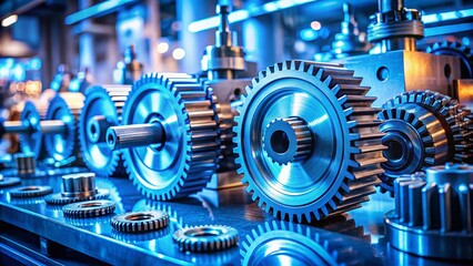 Poster - High Depth of Field Photograph Featuring Blue Gear in a Dynamic Industrial Setting, Showcasing Precision Engineering and Innovative Design Elements for Creative Projects