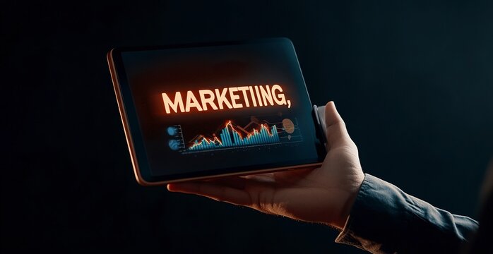 Businessman's hand holding a tablet with a digital marketing icon, the text 