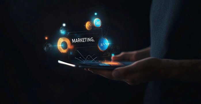 Businessman's hand holding a tablet with a digital marketing icon, the text 