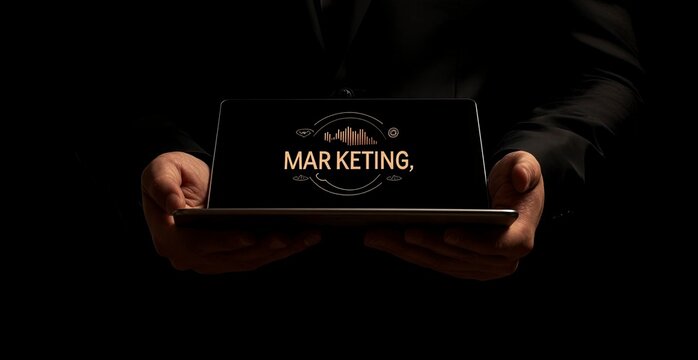 Businessman's hand holding a tablet with a digital marketing icon, the text 