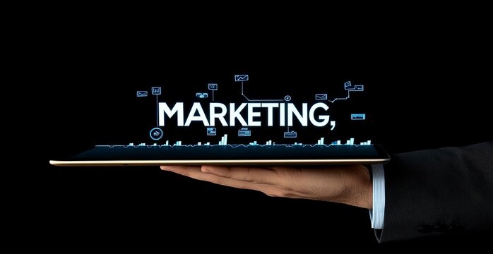 Businessman's hand holding a tablet with a digital marketing icon, the text 