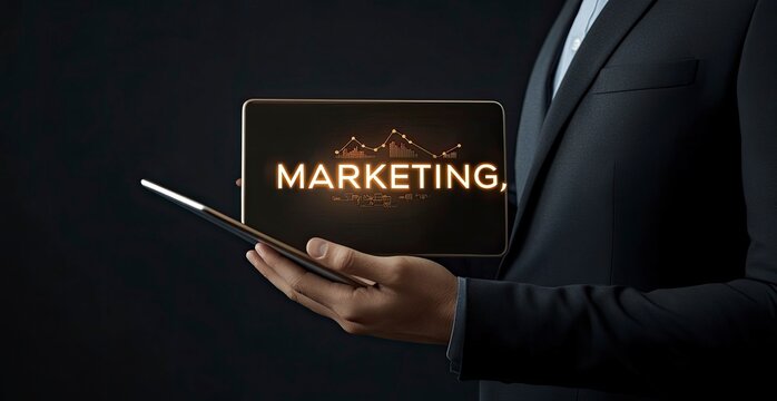 Businessman's hand holding a tablet with a digital marketing icon, the text 