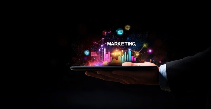 Businessman's hand holding a tablet with a digital marketing icon, the text 