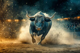 An angry bull charges through a dusty arena at night, illuminated by the lights of an excited crowd in the stands