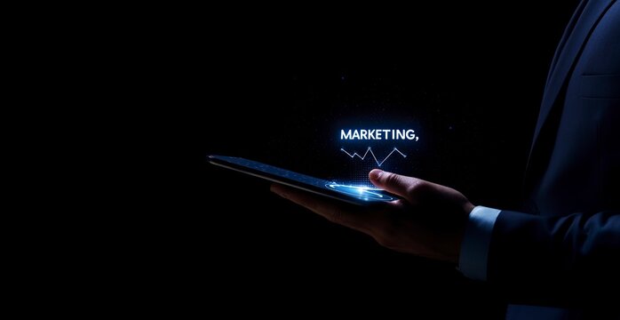 Businessman's hand holding a tablet with a digital marketing icon, the text 