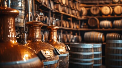 Poster - A sophisticated distillery with copper stills and aging barrels, Distillation equipment and whiskey barrels systematically arranged, Artisanal distillery style
