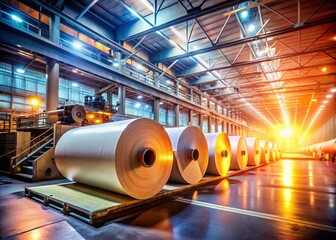 Poster - Large Paper Rolls in a Paper Mill: Industrial Precision in the Paper Production Process Captured with a Bokeh Effect to Highlight the Essence of Manufacturing Excellence
